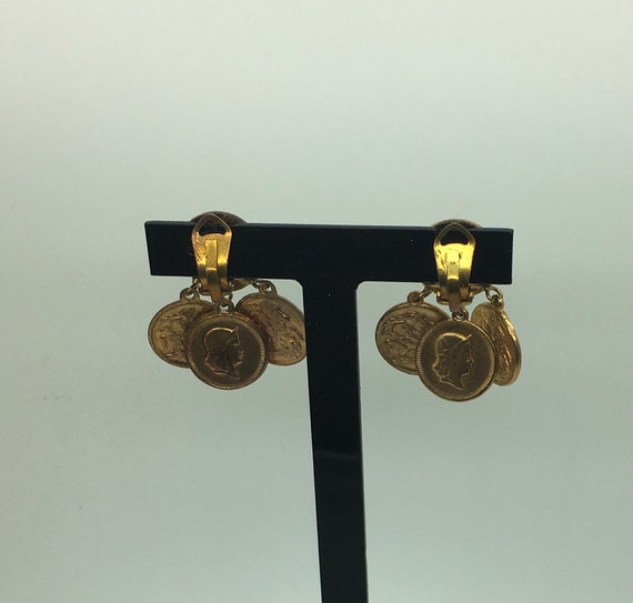 Vintage Faux Coins  Dangle  Earrings Clip On  St … - image 2