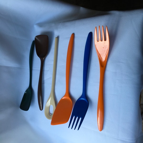 Vintage Rosti TB Melamine Mepal Utensils Fork Spatula Serving Spoon Blending Stirring Spoon With Hole Made In Denmark USA Orange Brown Pick