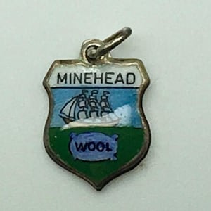 Minehead Wool England Enamel Travel Shield  Sterling Silver Charm  Coat Of Arms Europe Great Britain UK Travel Souvenir