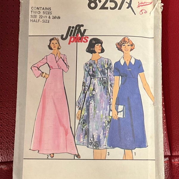 Simplicity 8257 Jiffy Plus Sewing Pattern Dress Caftan Floor  Length Raised Waist Skirt Stitched Bodice Contrast Collar Size 22 1/2 24 1/2