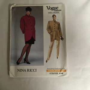May include: Vogue Patterns sewing pattern for a jacket and pants by Nina Ricci. The pattern is for an average skill level and has a pattern number of 2149.