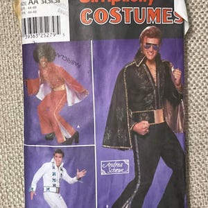 May include: A Simplicity 9916 sewing pattern envelope for costumes featuring three variations of a jumpsuit with a cape. The package displays illustrations of a red jumpsuit, a black jumpsuit with gold embroidery, and a white jumpsuit with blue accents.