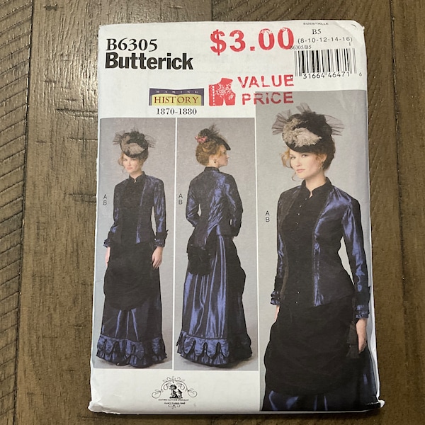 Butterick B6305 Sewing Pattern 1870-1880 Costume Victorian Dress Fitted Boned Top Pleated Back Drape Size 8 10 12 14 16 18 20 22 24 You Pick