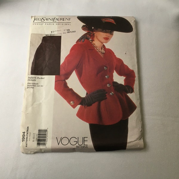 Vogue Yves Saint Laurent YSL-naaipatroon 1994 Misses jas en rok Peplum jas semi-fitted gevoerde prinsessennaden maat 8 10 12 ongesneden