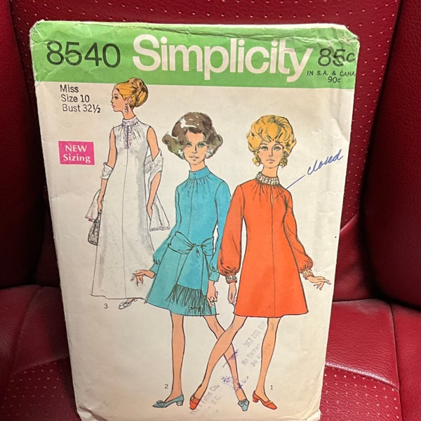 Simplicity  8540 Sewing Pattern Misses Dress Two Lengths Sash Stole Back Zipper Dress High Round Neckline Gathered Stand Up Collar Size 10