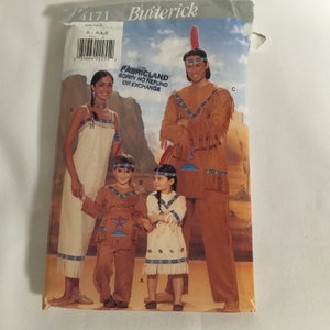 May include: A sewing pattern for four Native American costumes. The pattern includes a full-length dress, a long-sleeved shirt, a short-sleeved shirt, and a short dress. The costumes are brown, white, and blue with fringe and beading details. The pattern is from Butterick and is labeled 4171.