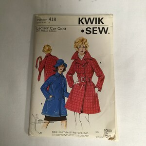 May include: Vintage Kwik Sew pattern 418 for a Ladies' Car Coat with raglan sleeves. The pattern cover features illustrations of the coat in red and blue. The pattern includes sizes 8-10-12. Designed by Kerstin Martensson.