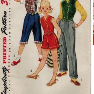 May include: A vintage Simplicity sewing pattern for girls' clothing. The pattern is for a sleeveless vest and shorts. The pattern is printed on white paper with red and black text. The text on the pattern reads "Simplicity Printed Pattern 35c Details Printed on Each Pattern Piece".