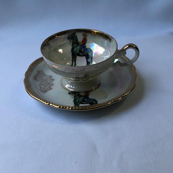 Royal Canadian Mounted Police Clear Lake Manitoba Lusterware Teacup And Saucer RCMP Mountie Made In Japan