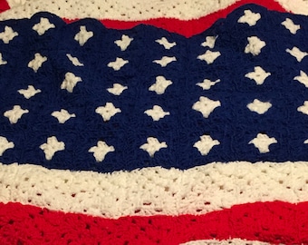 Patriotic  4th Of July US Flag Blanket Hand Made Crochet Afghan Throw   Stars & Stripes Granny Squares Red White Blue Veterans Marine  Army