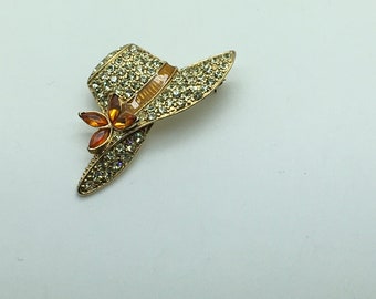 Monet Hat Flower  Brooch Pin  Gold Tone  Amber Topaz Clear Rhinestones  Figural  Signed Summer Jewelry Tea Party Mother Of Bride