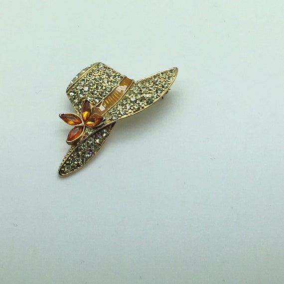 Monet Hat Flower  Brooch Pin  Gold Tone  Amber To… - image 1