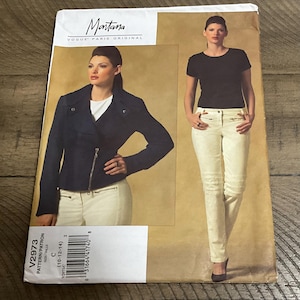 Vogue V2973 Sewing Pattern Montana Y2K Biker Jacket Moto Jeans Jacket Below Waist Asymmetric Front  Pants Size 10 12 14