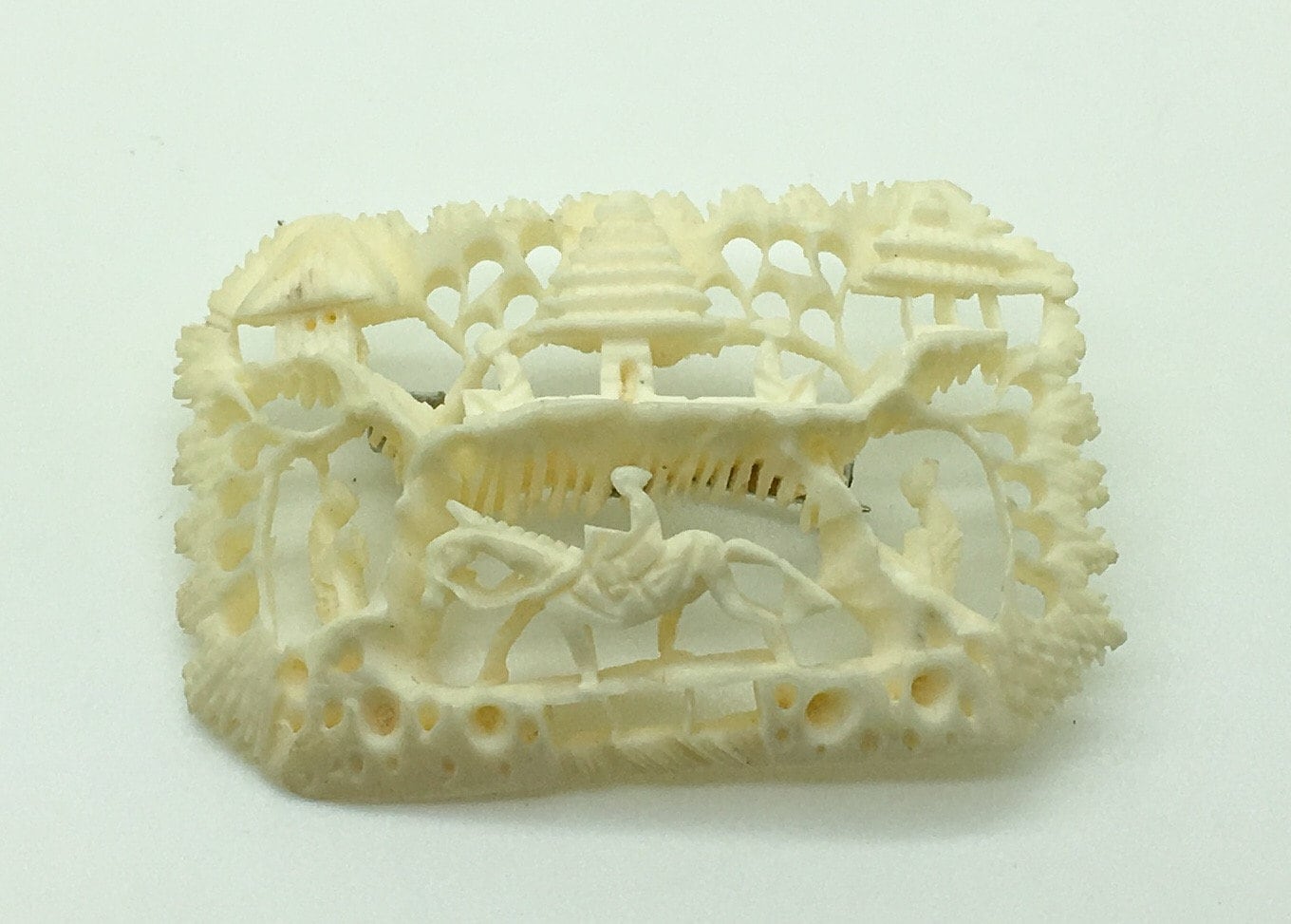 Carved Celluloid Ivory Color Brooch Pin Asian Oriental