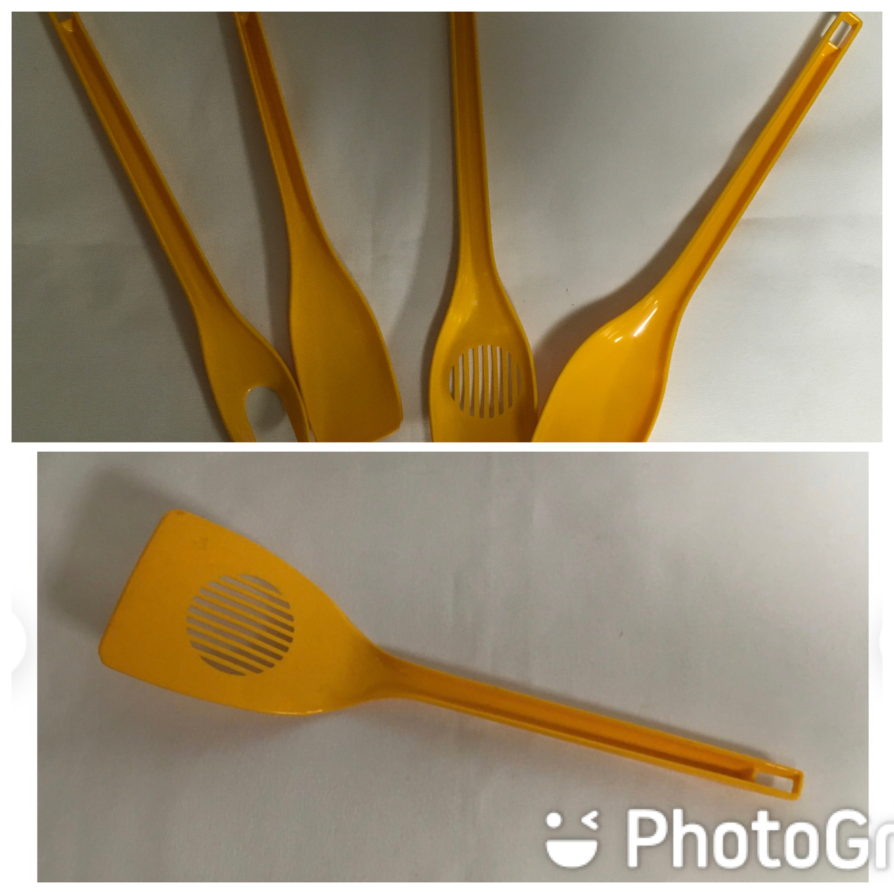 Vintage Androck Utensil Set Plastic Nylon Yellow Serving Slotted Spoon  Spatula Fork Retro Kitchen Movie Prop Food Staging Videography USA 