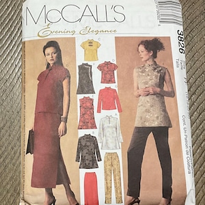 Burda 2954 Orientalisk figurnära klänning, tunika och byxor, chinoiserie, mandarinkrage, diagonal stängning, dammönster, storlek 8, 10, 12, 14