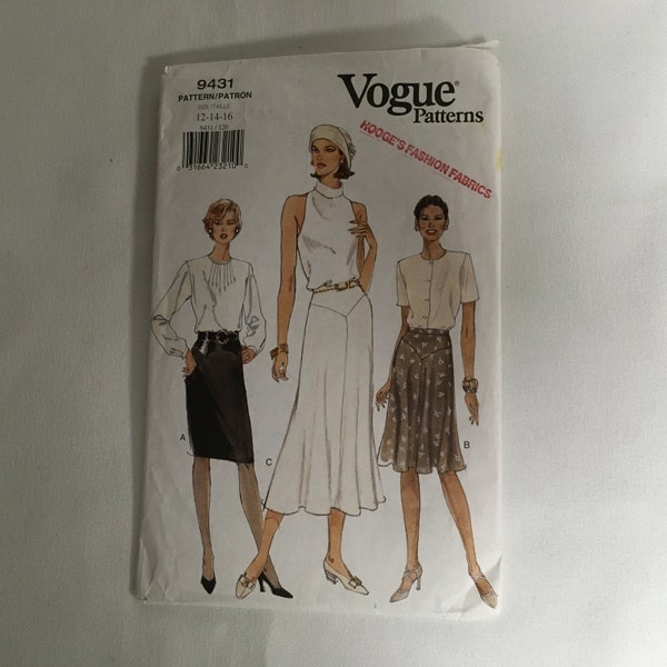 Vogue 9431 Sewing Pattern Skirt Bias Lined Slightly Tapered Flared Skirt Below Mid Knee Lower Calf Yoke Variations Size 12 14 16 Uncut