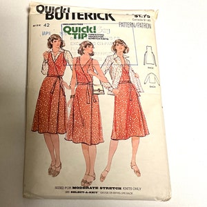 May include: A vintage sewing pattern for a wrap dress with a polka dot print. The pattern is for size 42 and is made for moderate stretch knits. The pattern includes a free "Quick Tip" for timesaving tricks for stretch knits. The pattern is called "Quick & Easy" and is from Butterick.