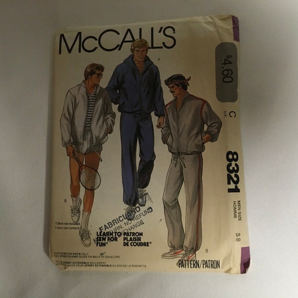 McCalls Sewing Pattern 8321 Men’s Jacket Pants Shorts Unlined Jacket Track Suit Jogging Exercise Wear Track Pants Shorts Size 38