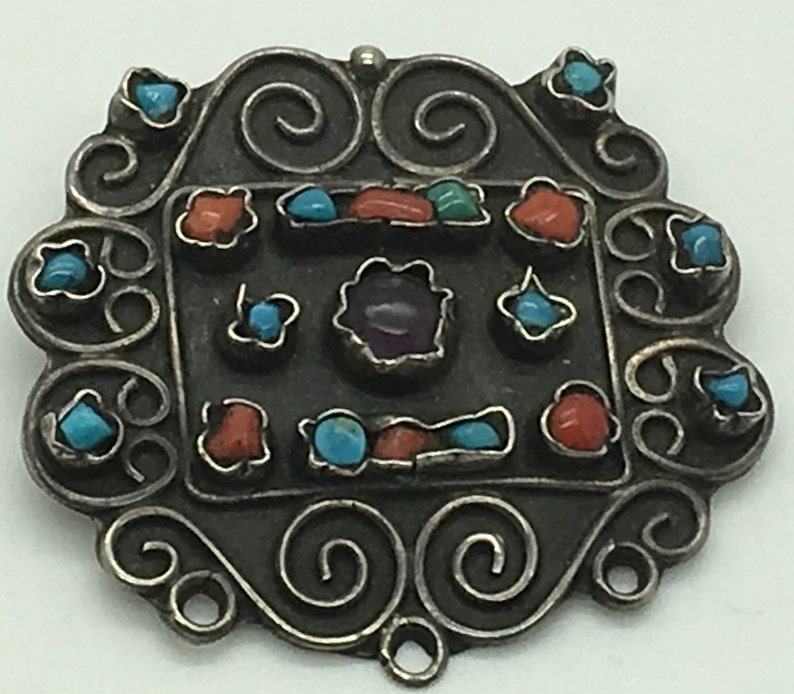 Mexico Taxco Sterling Silver Pendant Brooch Turquoise Coral Etsy
