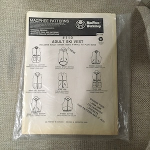 May include: A sewing pattern for an adult ski vest. The pattern includes different styles for the bottom, collar, and hem. The pattern is printed in Canada and is revised and reprinted in 2003. #110 Adult Ski Vest