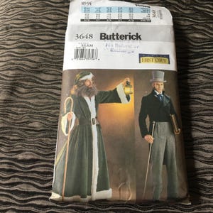 May include: A sewing pattern for a green and white Santa Claus costume and a black and gray Victorian gentleman costume. The pattern is from Butterick and is number 3648. The pattern is for sizes XS, S, and M.