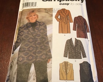 Simplicity Sewing Pattern 5855 Misses Coat Jacket Vest Coat And Tie Belt Jacket Wrap Coat Shawl Collar     Two Lenghts Size XXS XS S