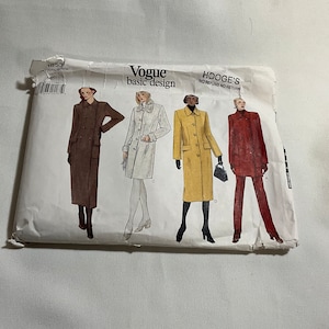 May include: Vogue basic design sewing pattern #1853 for a long coat with four different variations. The pattern includes a brown coat, a white coat with a fur collar, a yellow coat, and a red coat with matching pants. The pattern is from Hooge's, no refund, no return.