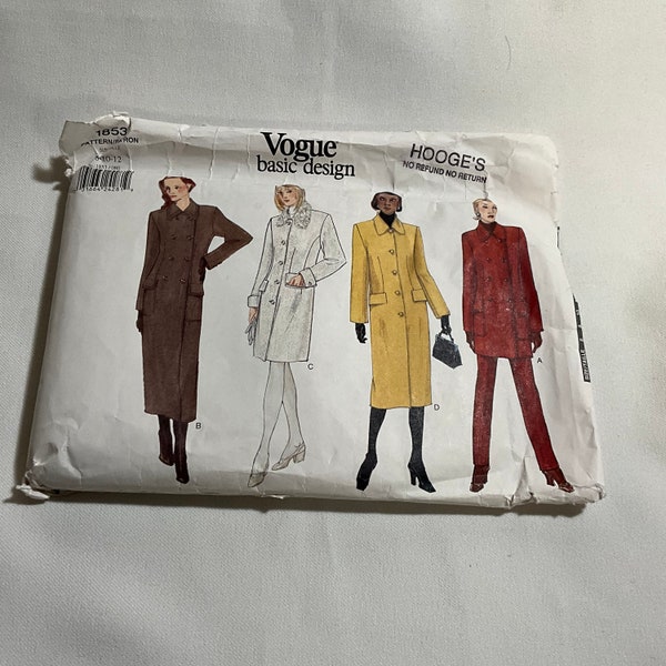 Vogue 1853 Sewing Pattern Misses Coat Very Loose Fitting Straight Coat Double Breasted Back Pleat Back Belt Button Trim Sleeve Size 8 10 12