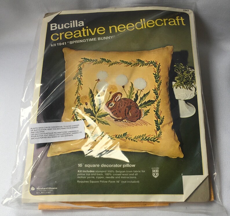 Bucilla Creative Needlecraft Kit 1941 Springtime Bunny Collection Decorator Pillow Yellow Green 16 \u201c Kitschy Wildlife Cottage Cabin