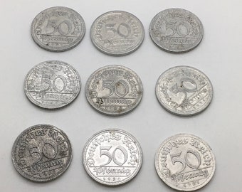 Germany Weimar Republic 50 Pfennig Lot KM 27  1920 1921 1922 Mint Mark A E F G J Mixed Lot World Coin Collection Beginner Starter  Lot