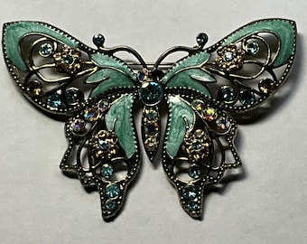 Nina Ricci For Avon Butterfly Brooch Turquoise Enamel Blue Clear Rhinestones Silver Plated Gift For Mom Mothers Day Gift Idea
