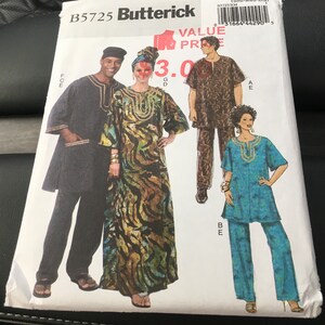 May include: A sewing pattern for a men's and women's outfit. The pattern is for a long-sleeved shirt and trousers for men and a long-sleeved dress for women. The pattern is called "Butterick B5725" and the value price is £3.00.