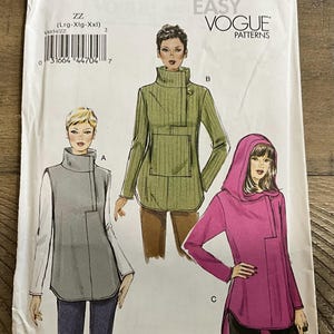 May include: A Very Easy Vogue Patterns sewing pattern envelope V8854 for sizes Lrg-Xlg-Xxl. The front displays three illustrations of tops: a grey sleeveless high-neck top, a green long-sleeve high-neck top, and a magenta hooded long-sleeve top.