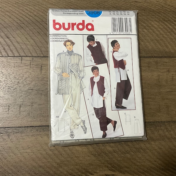 Burda 3908 Sewing Pattern Side Ties Vest Relaxed Fit Vest Shirt Blouse Shirt Jacket Wide Legged Pants Boho  Size 8 10 12 14 16 18