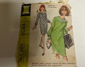 McCall’s 8084 Sewing Pattern Misses Junior Dress Smocking Three Section Yoked Dress Back Zipper Low Pleat French Darts Size 12 Bust 32