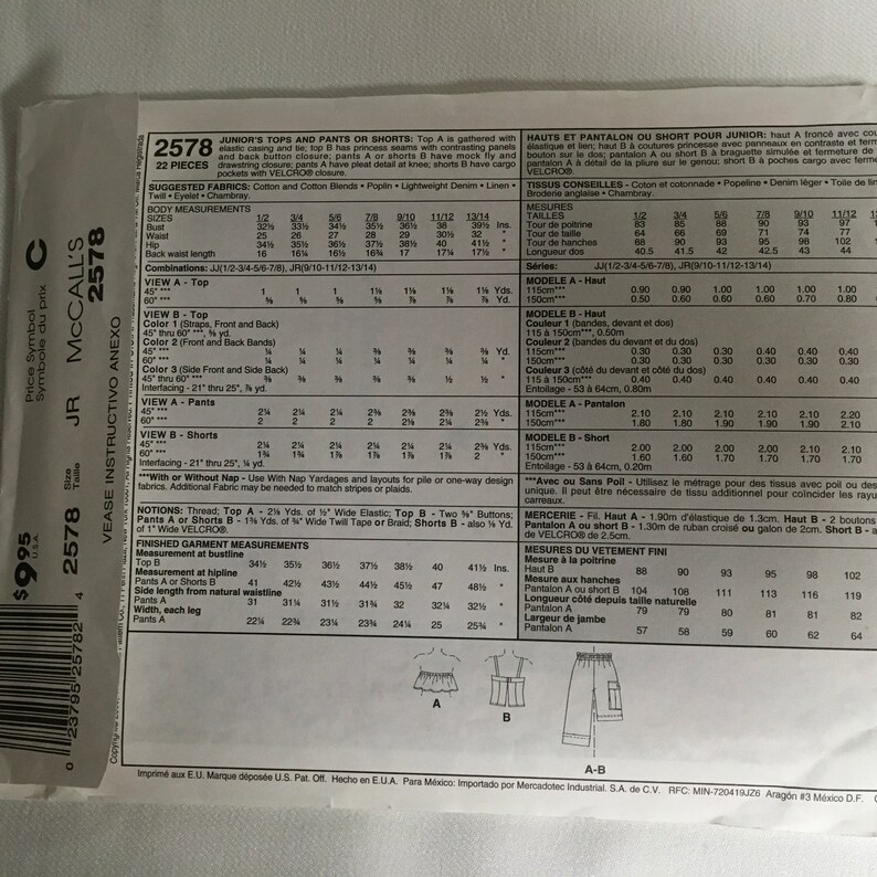 May include: Sewing pattern for juniors' tops and pants or shorts. The pattern includes instructions for making a gathered top with elastic casing, a top with princess seams, pants with a mock fly and drawstring closure, and shorts with cargo pockets. The pattern is for sizes 9/10 to 13/14.