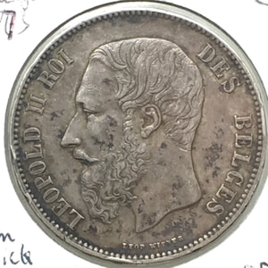 Belgium 1873   5 Francs Silver Coin Crown Size World Coin KM 24  Leopold II 900 Silver European  Coin Numismatic Gift Stocking Stuffer