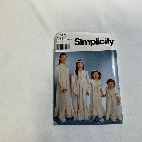 Simplicity 9942 0659 Sewing Pattern Child’s Girls Nightgown  Headband Nightshirt Victorian Size Old Fashioned Modest Floor Length  XXS XS S