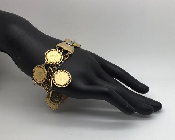 Vintage Gold Tone Faux Coin Charm Bracelet 3 Rows… - image 1
