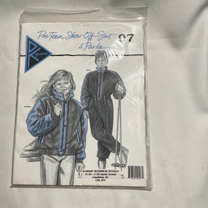 May include: A sewing pattern for a pre-teen ski suit and parka. The pattern is called "Pre-Teen Show Off Suit & Parka" and is number 97. The pattern is from "PK Sports".