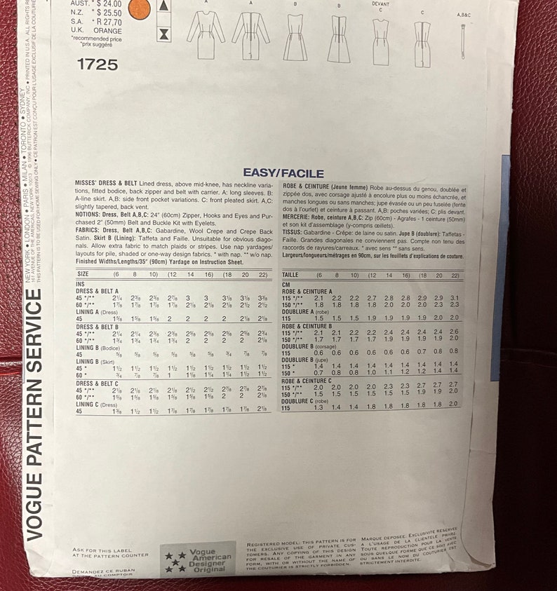 May include: A sewing pattern for a dress and belt. The pattern includes instructions for three different styles of dresses, each with a different skirt and sleeve length. The pattern is for sizes 8-22.