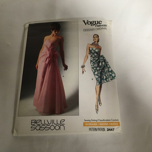 Vogue 2447  Bellville Sassoon Sewing Pattern Dress Close Fitting Lined Boned Straight Mock Wrap Dress Evening Length Contrast Bow Size 10