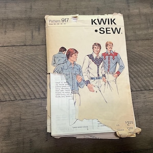 Kwik Sew 917  Sewing Pattern Men’s Western Shirt Collar Stand Front Tap Snap Closing Cuffs  Decorative Front Back Yoke Size 34 36 38 40