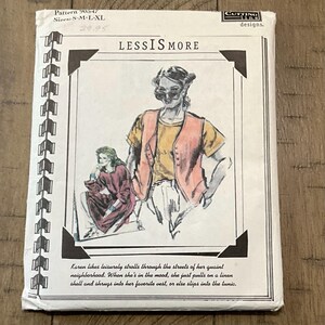 May include: A vintage sewing pattern titled "LESS IS MORE" with illustrations of women's fashion. The pattern cover features a sketch of a woman in a vest and the text "Pattern 90647". The sizes are S-M-L-XL.