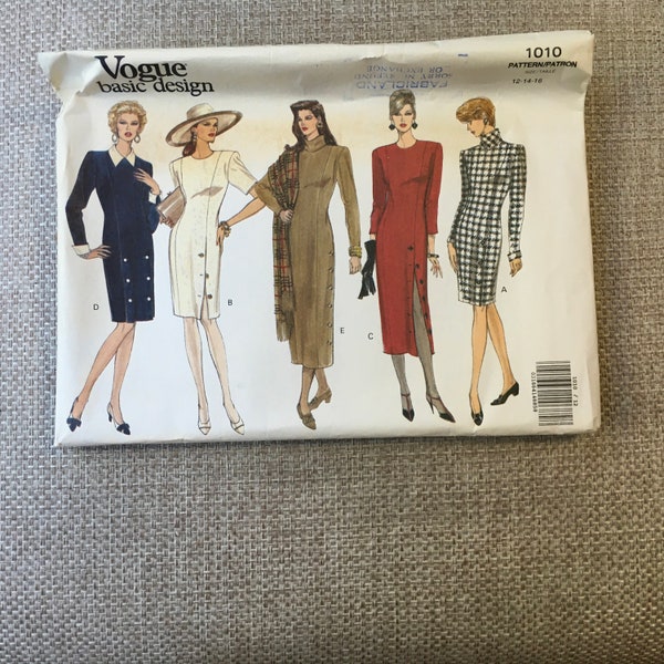 Vogue 1010 Sewing Pattern Misses Petite Dress Fitted Straight Dress Above Mid-Knee Below Mid-Calf Princess Seams Contrast Cuff Size 12 14 16