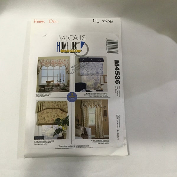 McCall’s Home Dec M4536 4536 Sewing Pattern Valance Variations Scalloped Jabot Beach House Shade & Valance Safari Shade Neo Classic Valance