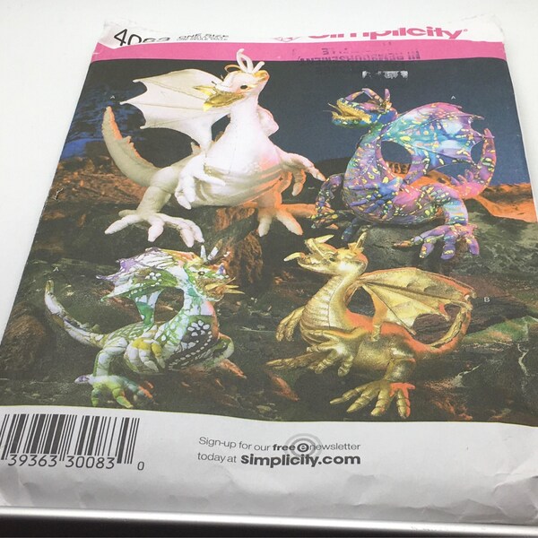 Simplicity  4063 Sewing Pattern Stuffed Dragons Three Sizes Small  11 " Medium 15 " Large 18 " Fantasy Plush Mythical