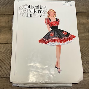 May include: A vintage sewing pattern from "Authentic Patterns Inc." featuring a dress illustration. The dress has a black skirt, red bodice, and white trim. The pattern size is 12-14-16.