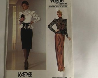 Vogue 1189 Sewing Pattern Kasper Top & Dress Semi Fitted Sheer Peplum Top Standing Collar Back Zipper Pleated Gathered Skirt Gown Size 8